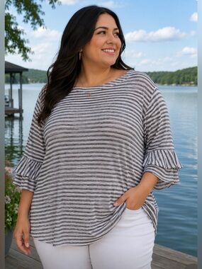 Westbound Striped Boatneck Top with Ruffle Sleeve - Gray and White